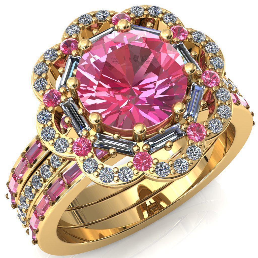 Camelia Round Pink Sapphire Accent Diamond and Pink Sapphire Halo Ring-Custom-Made Jewelry-Fire & Brilliance ®