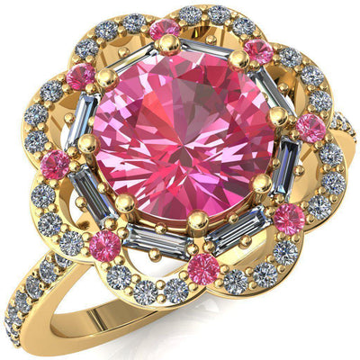 Camelia Round Pink Sapphire Accent Diamond and Pink Sapphire Halo Ring-Custom-Made Jewelry-Fire & Brilliance ®