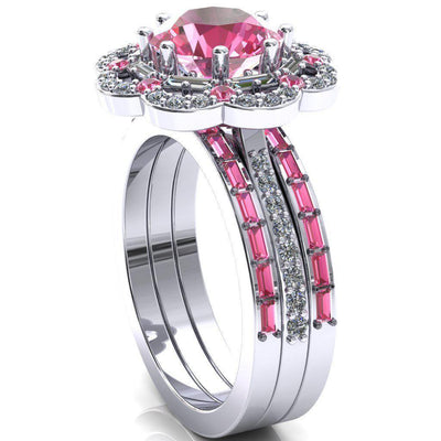 Camelia Round Pink Sapphire Accent Diamond and Pink Sapphire Halo Ring-Custom-Made Jewelry-Fire & Brilliance ®