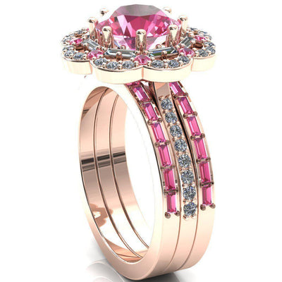 Camelia Round Pink Sapphire Accent Diamond and Pink Sapphire Halo Ring-Custom-Made Jewelry-Fire & Brilliance ®