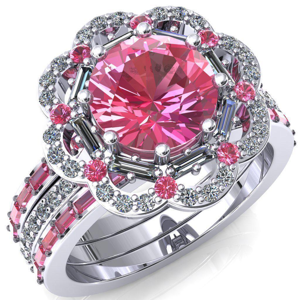 Camelia Round Pink Sapphire Accent Diamond and Pink Sapphire Halo Ring-Custom-Made Jewelry-Fire & Brilliance ®