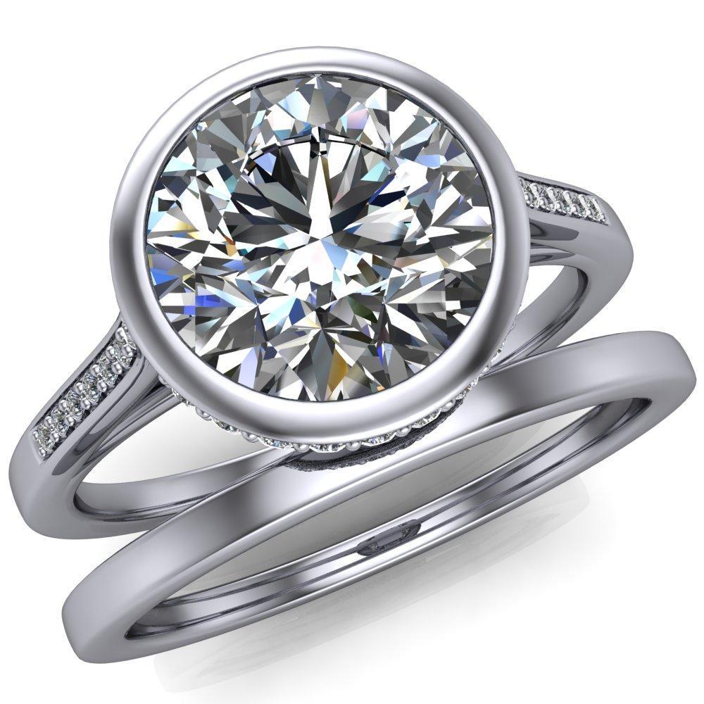 Camilla Round Moissanite Bezel Set Diamond Halo with Cathedral U Shaped Gallery Ring-Custom-Made Jewelry-Fire & Brilliance ®