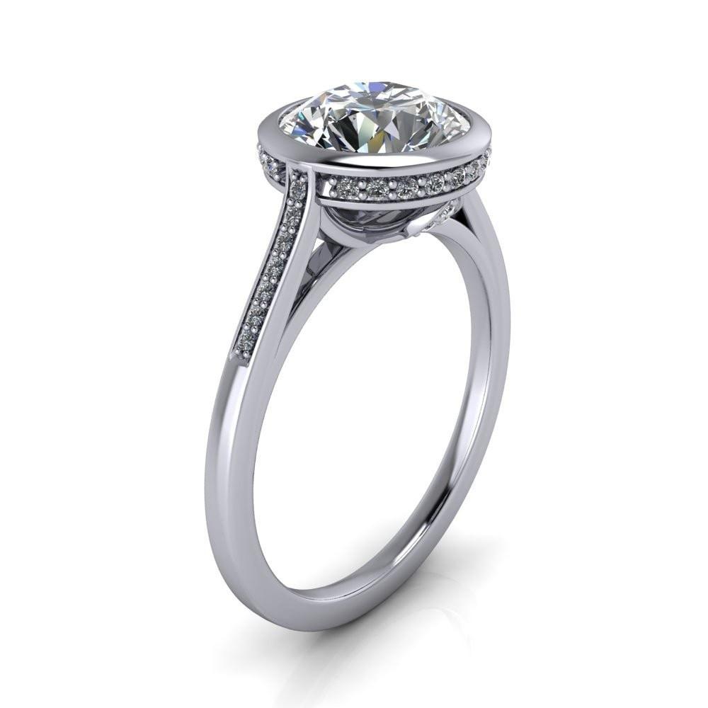 Camilla Round Moissanite Bezel Set Diamond Halo with Cathedral U Shaped Gallery Ring-Custom-Made Jewelry-Fire & Brilliance ®