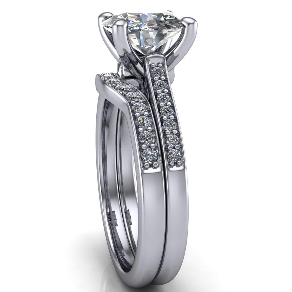 Carlie Round Moissanite 4 V Shaped Prongs with Diamonds Cathedral Diamond Solitaire Ring-Custom-Made Jewelry-Fire & Brilliance ®