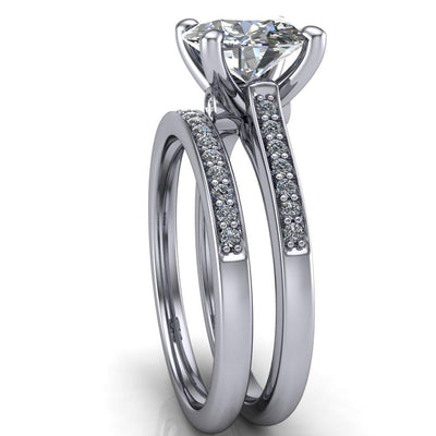 Carlie Round Moissanite 4 V Shaped Prongs with Diamonds Cathedral Diamond Solitaire Ring-Custom-Made Jewelry-Fire & Brilliance ®