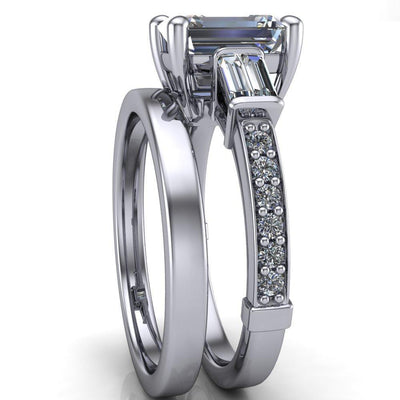Carmel Emerald Moissanite 3 Stone 4 Prong Under Bezel Diamond Channel Ring-Custom-Made Jewelry-Fire & Brilliance ®