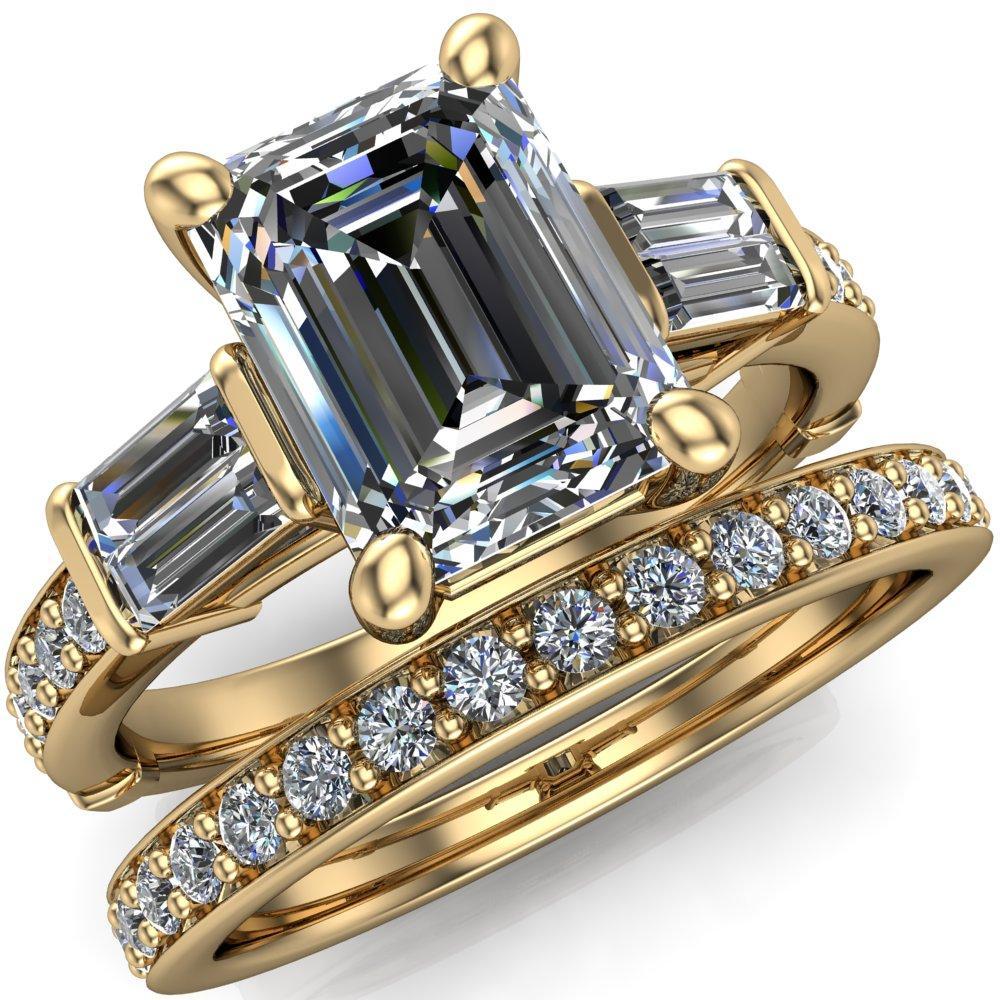 Carmel Emerald Moissanite 3 Stone 4 Prong Under Bezel Diamond Channel Ring-Custom-Made Jewelry-Fire & Brilliance ®