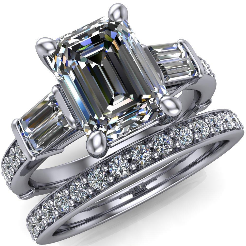 Carmel Emerald Moissanite 3 Stone 4 Prong Under Bezel Diamond Channel Ring-Custom-Made Jewelry-Fire & Brilliance ®