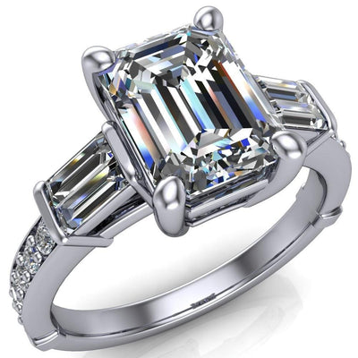 Carmel Emerald Moissanite 3 Stone 4 Prong Under Bezel Diamond Channel Ring-Custom-Made Jewelry-Fire & Brilliance ®