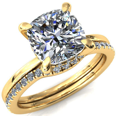 Carmeli Cushion Moissanite 4 Claw Prong Micro Pave Diamond Rail Engagement Ring-FIRE & BRILLIANCE