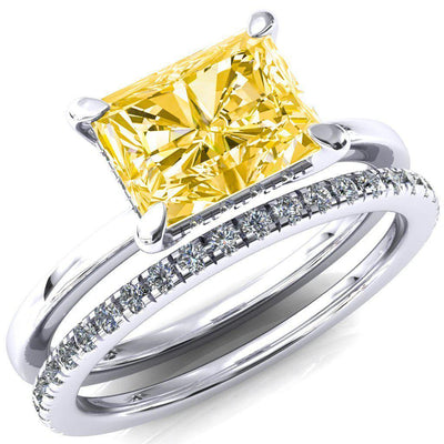 Carmeli Radiant Canary Yellow East-West 4 Claw Prong Micro Pave Diamond Rail Engagement Ring-FIRE & BRILLIANCE