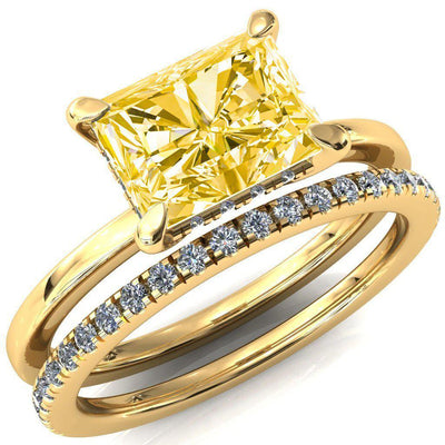 Carmeli Radiant Canary Yellow East-West 4 Claw Prong Micro Pave Diamond Rail Engagement Ring-FIRE & BRILLIANCE