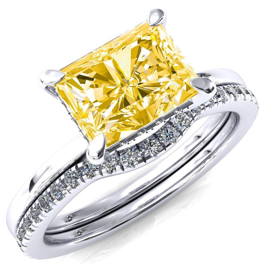 Carmeli Radiant Canary Yellow East-West 4 Claw Prong Micro Pave Diamond Rail Engagement Ring-FIRE & BRILLIANCE