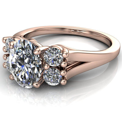 Carmine Oval Moissanite 5 Stone Split Shank Engagement Ring-Custom-Made Jewelry-Fire & Brilliance ®