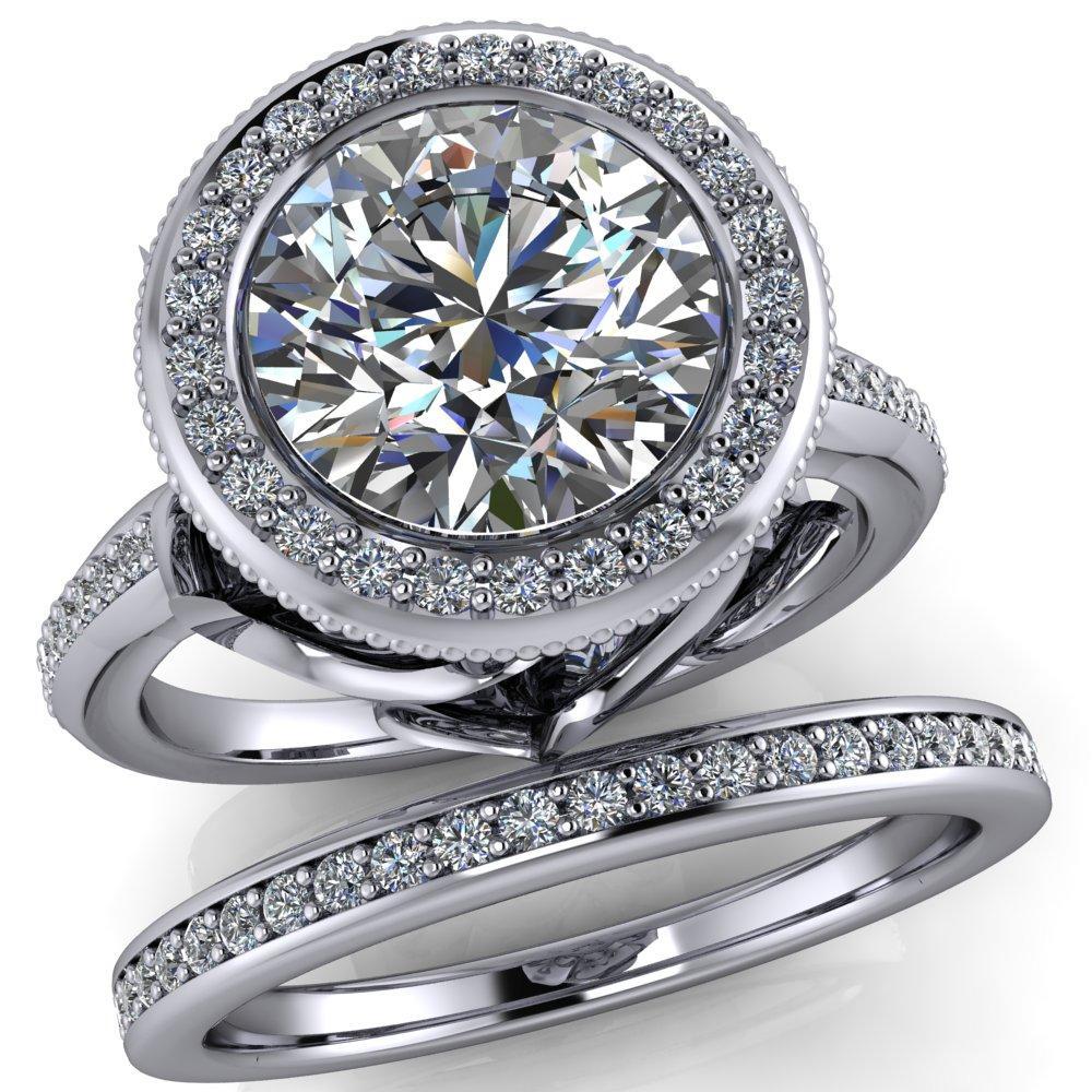 Catherine Round Moissanite Custom Floral and Vine Bezel Design with Diamond Halo Ring-Custom-Made Jewelry-Fire & Brilliance ®