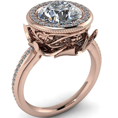 Catherine Round Moissanite Custom Floral and Vine Bezel Design with Diamond Halo Ring-Custom-Made Jewelry-Fire & Brilliance ®