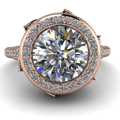 Catherine Round Moissanite Custom Floral and Vine Bezel Design with Diamond Halo Ring-Custom-Made Jewelry-Fire & Brilliance ®