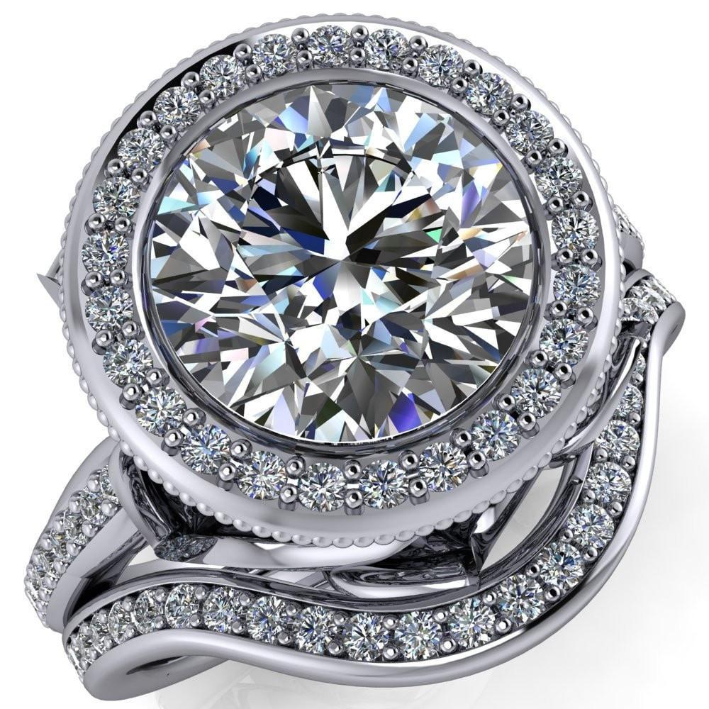 Catherine Round Moissanite Custom Floral and Vine Bezel Design with Diamond Halo Ring-Custom-Made Jewelry-Fire & Brilliance ®