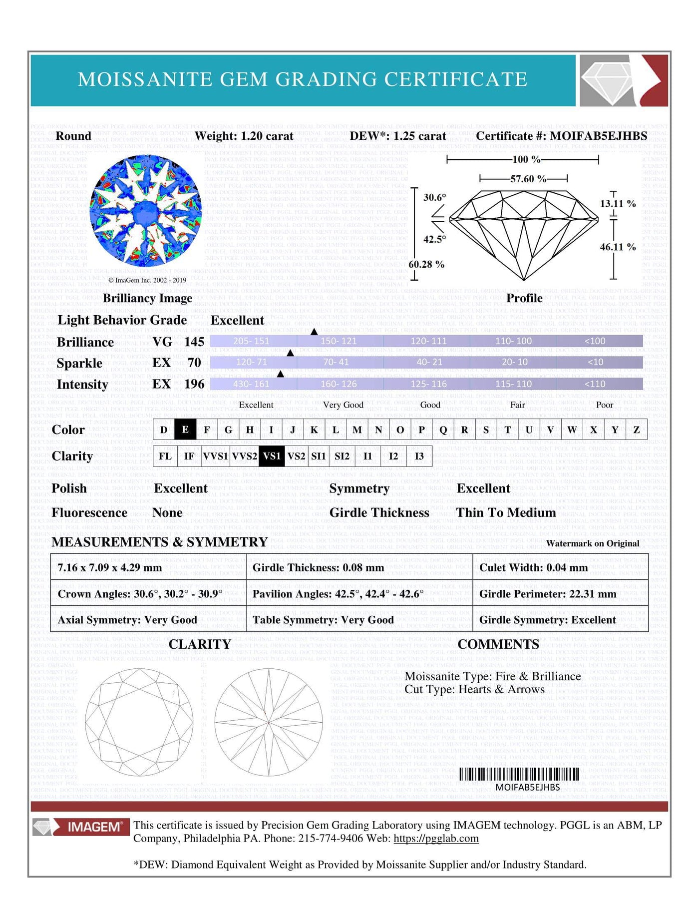 Certified Round Hearts & Arrows Fire & Brilliance Loose Moissanite Stone - 1.25 Carats - E Color - VS1 Clarity-Fire & Brilliance Moissanite-Fire & Brilliance ®