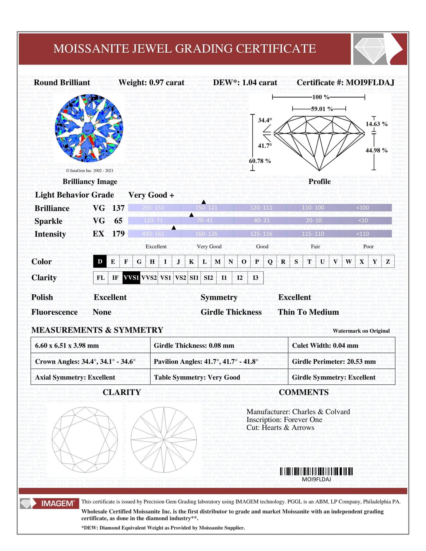 Certified Round Hearts & Arrows Forever One Charles & Colvard Loose Moissanite Stone - 1.00 Carats - D Color - VVS1 Clarity-FIRE & BRILLIANCE