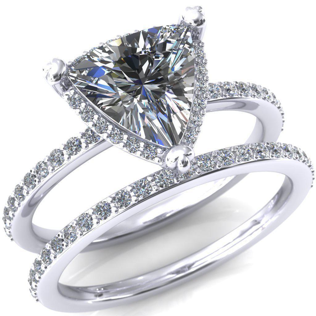 Chantal Trillion Moissanite 3 Cute Leaf Prongs Halo Diamond Shank Ring-Custom-Made Jewelry-Fire & Brilliance ®