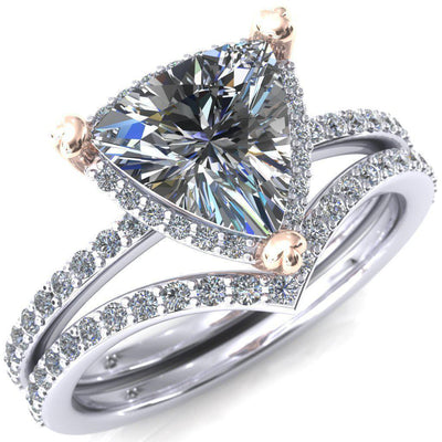 Chantal Trillion Moissanite 3 Cute Leaf Prongs Halo Diamond Shank Ring-Custom-Made Jewelry-Fire & Brilliance ®