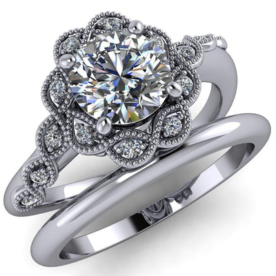 Chastity Round Moissanite 4 Prong Milgrain Halo Accent Ring-Custom-Made Jewelry-Fire & Brilliance ®