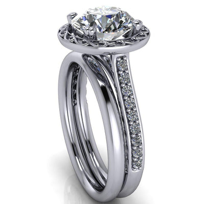 Chloe Round Moissanite 4 Double Prong Filigree Halo and Shank Design Diamond Ring-Custom-Made Jewelry-Fire & Brilliance ®