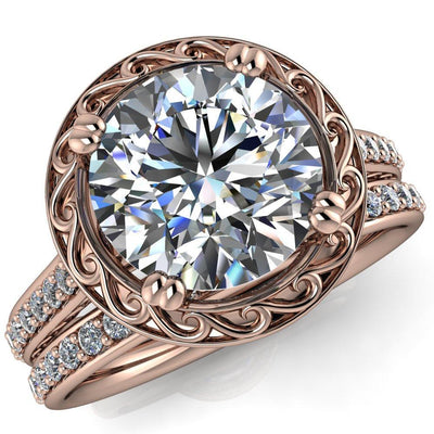 Chloe Round Moissanite 4 Double Prong Filigree Halo and Shank Design Diamond Ring-Custom-Made Jewelry-Fire & Brilliance ®