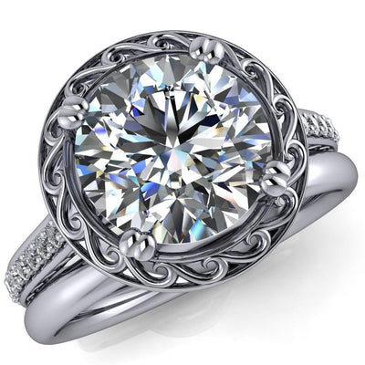 Chloe Round Moissanite 4 Double Prong Filigree Halo and Shank Design Diamond Ring-Custom-Made Jewelry-Fire & Brilliance ®