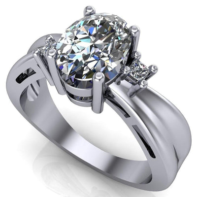 Concerto Oval Moissanite Thick Band 3 Stone Cathedral Ring-Custom-Made Jewelry-Fire & Brilliance ®