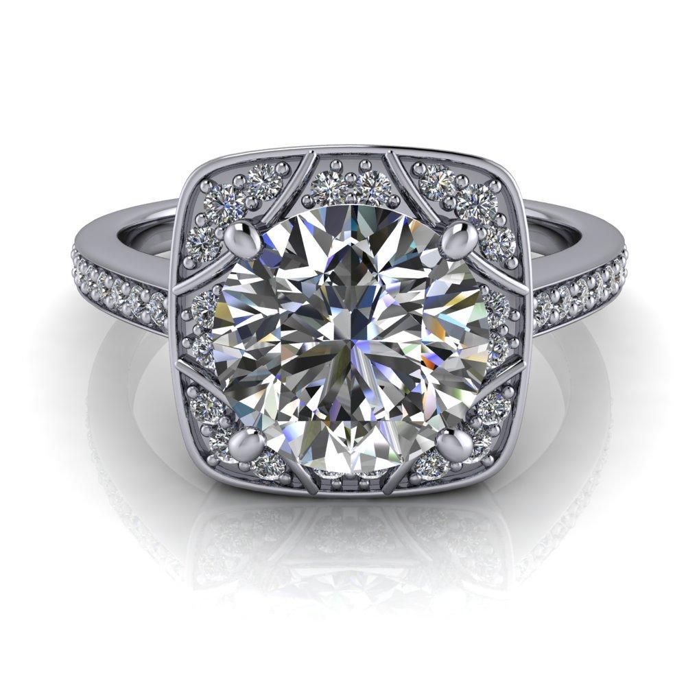 Cora Round Moissanite 4-Prong Diamond Designer Basket with Diamond Shoulders Ring-Custom-Made Jewelry-Fire & Brilliance ®