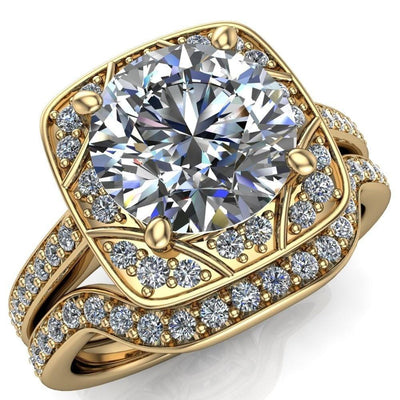 Cora Round Moissanite 4-Prong Diamond Designer Basket with Diamond Shoulders Ring-Custom-Made Jewelry-Fire & Brilliance ®