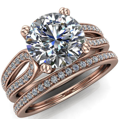 Cori Round Moissanite 4 Prong Split Shank Diamond Channel Set Ring-Custom-Made Jewelry-Fire & Brilliance ®