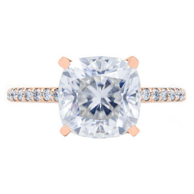 *Cushion Crushed Ice Moissanite 4 Prongs Diamond Accent Ice Solitaire Ring-Solitaire Ring-Fire & Brilliance ®