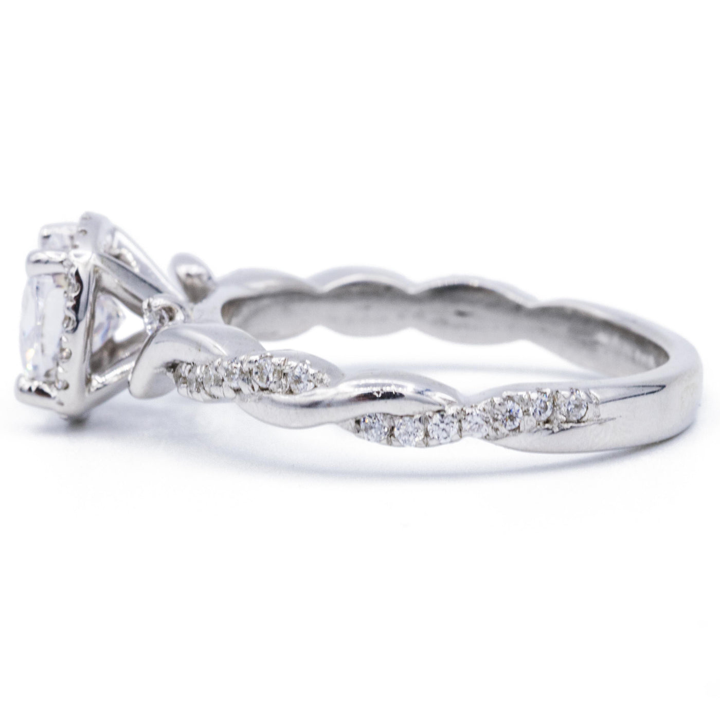 Cushion Moissanite 14K White Gold Halo with Flushed Twist Diamond Shank Ring-Fire & Brilliance ® Creative Designs-Fire & Brilliance ®