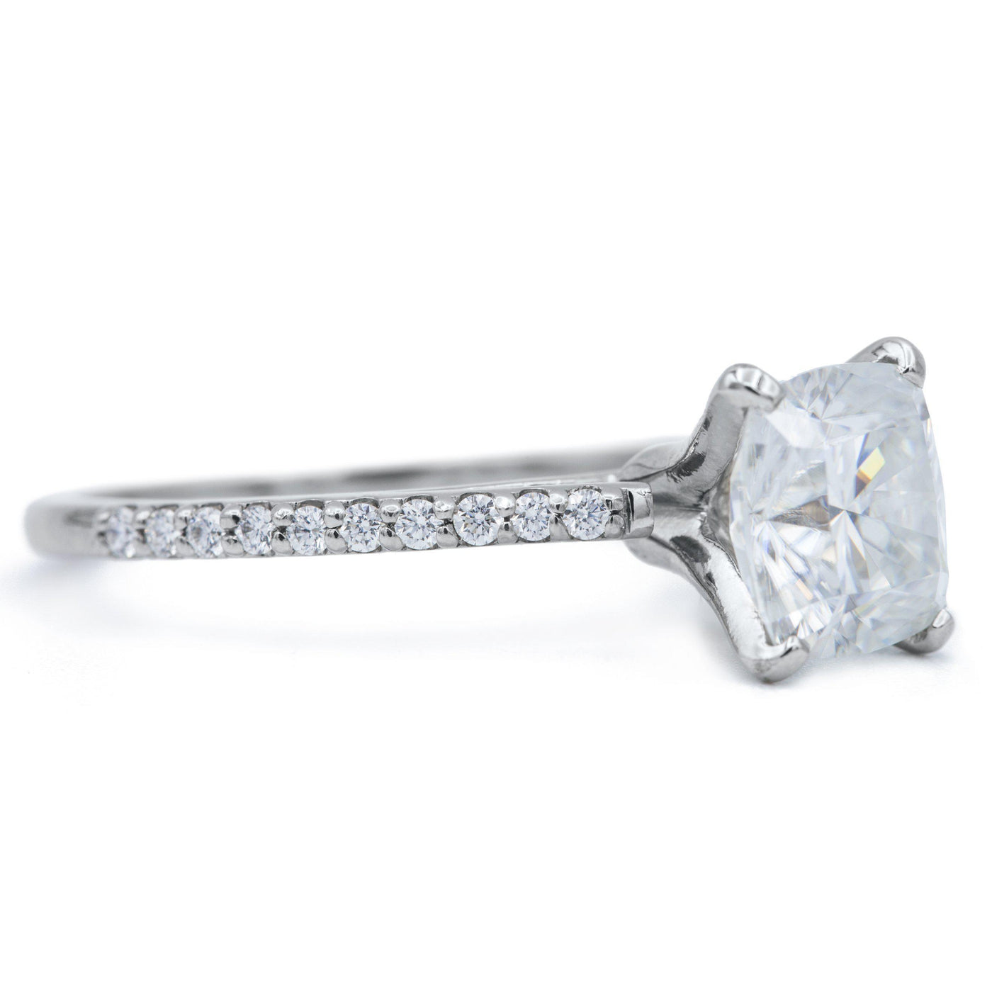 Cushion Moissanite 4 Prongs Diamond Accent Ice Cathedral Solitaire Ring-FIRE & BRILLIANCE