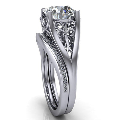 Cyrus Round Moissanite Floral Filigree Cathedral Set Ring-Custom-Made Jewelry-Fire & Brilliance ®