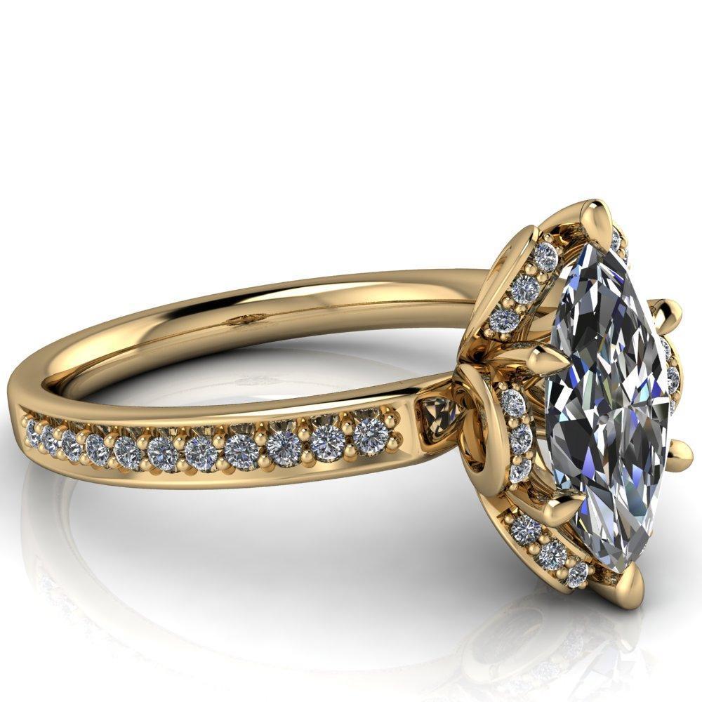 Daisy Marquise Moissanite Floral Diamond Basket Design and Diamond Shoulders Ring-Custom-Made Jewelry-Fire & Brilliance ®