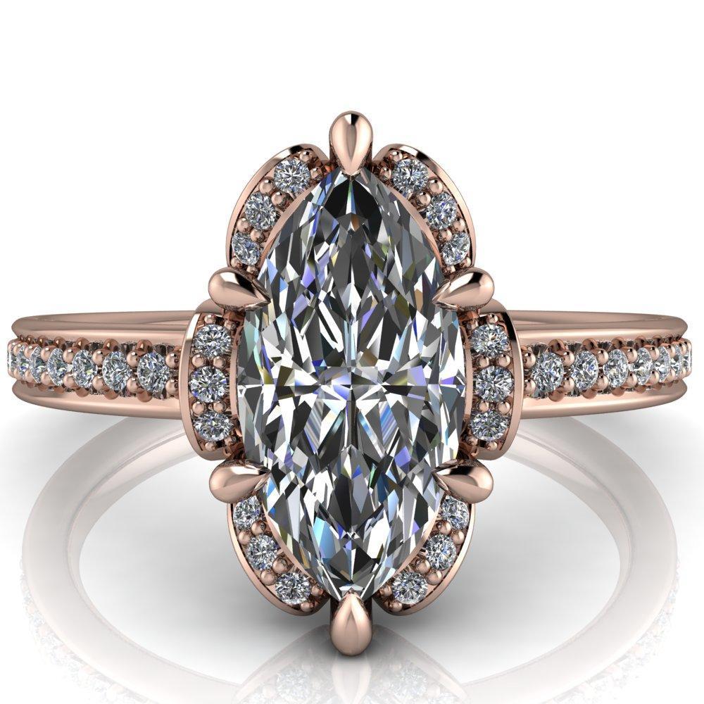 Daisy Marquise Moissanite Floral Diamond Basket Design and Diamond Shoulders Ring-Custom-Made Jewelry-Fire & Brilliance ®
