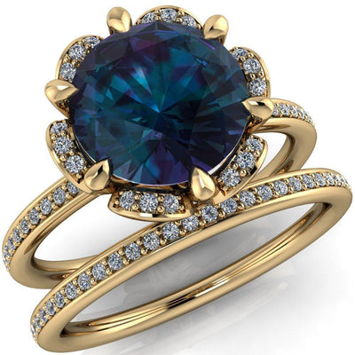Daisy Round Alexandrite Floral Diamond Basket Design and Diamond Shoulders Ring-Custom-Made Jewelry-Fire & Brilliance ®
