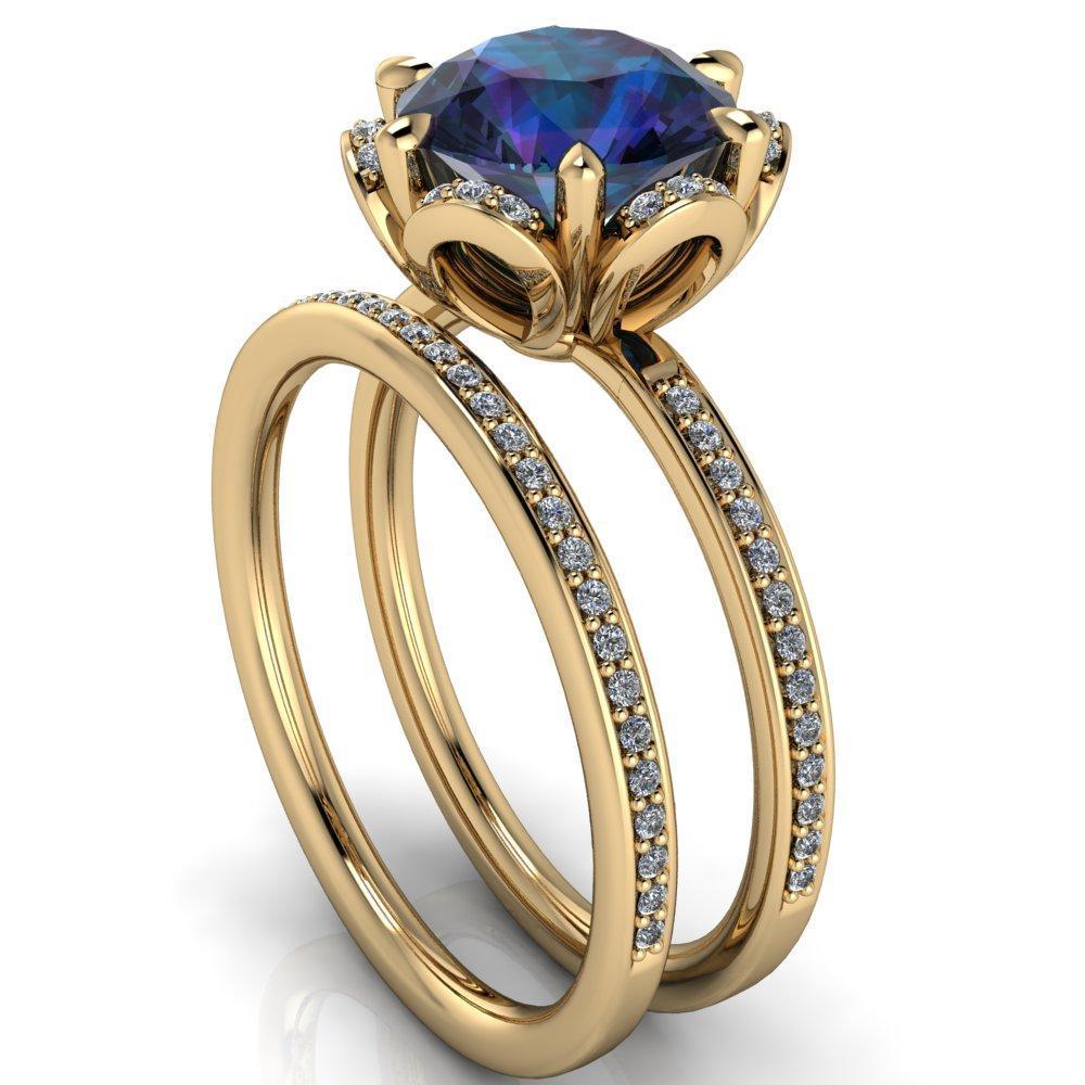 Daisy Round Alexandrite Floral Diamond Basket Design and Diamond Shoulders Ring-Custom-Made Jewelry-Fire & Brilliance ®