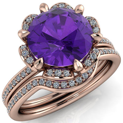 Daisy Round Amethyst Floral Diamond Basket Design and Diamond Shoulders Ring-Custom-Made Jewelry-Fire & Brilliance ®