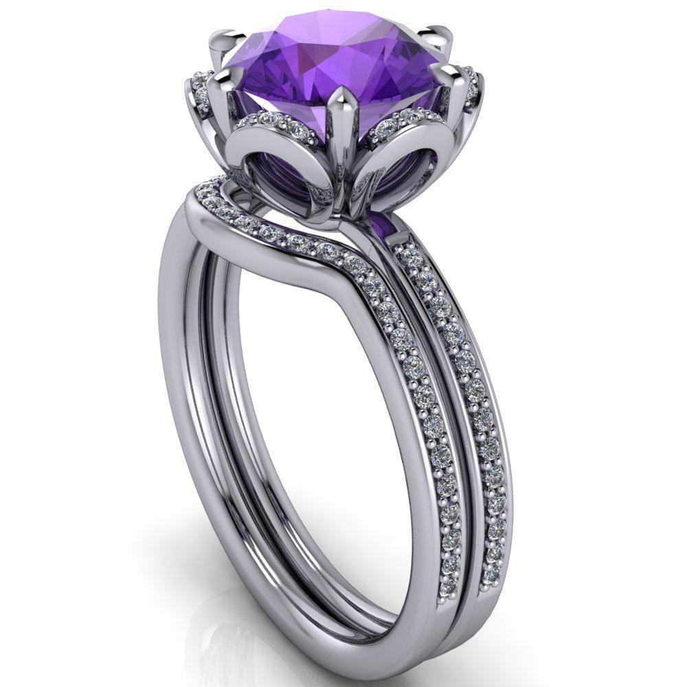 Daisy Round Amethyst Floral Diamond Basket Design and Diamond Shoulders Ring-Custom-Made Jewelry-Fire & Brilliance ®