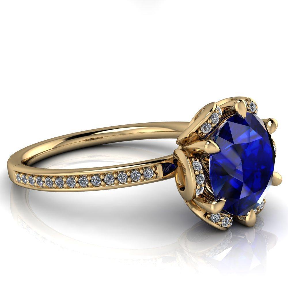 Daisy Round Blue Sapphire Floral Diamond Basket Design and Diamond Shoulders Ring-Custom-Made Jewelry-Fire & Brilliance ®