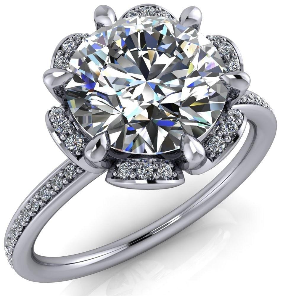 Daisy Round Moissanite Floral Diamond Basket Design and Diamond Shoulders Ring-Custom-Made Jewelry-Fire & Brilliance ®