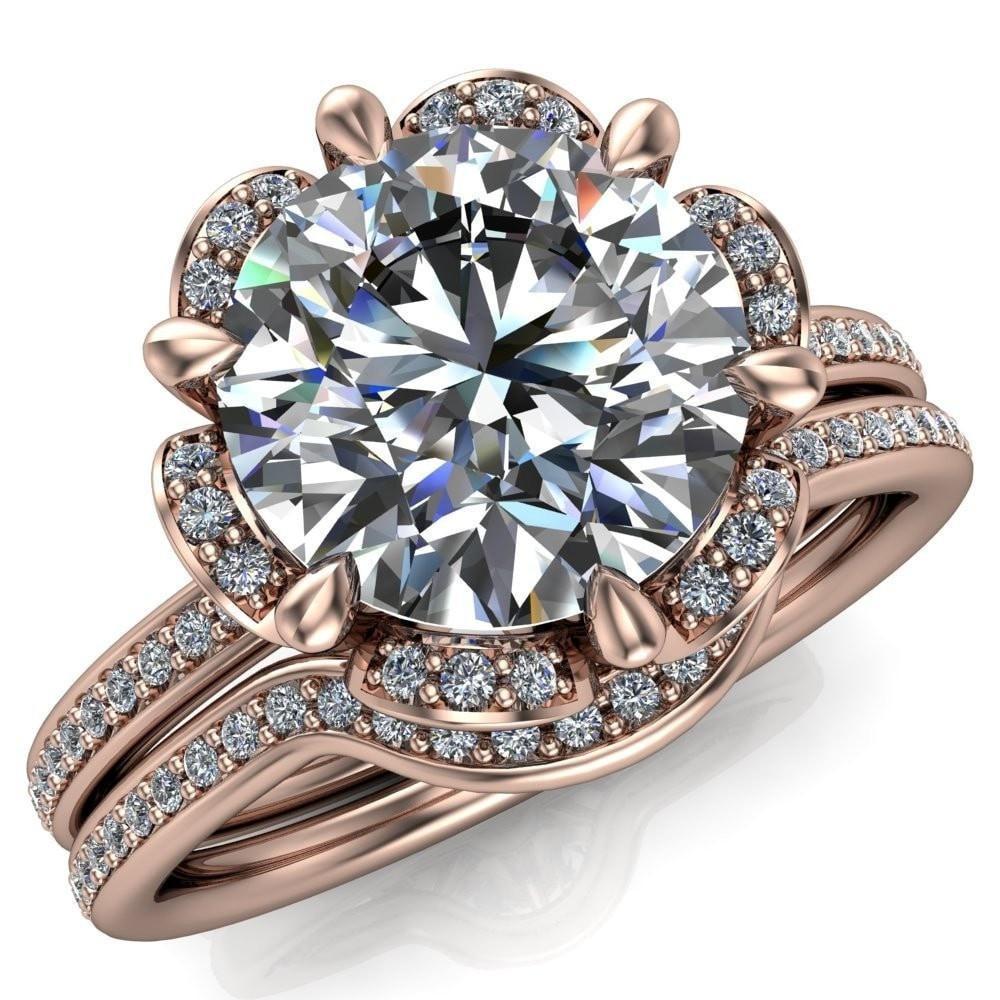 Daisy Round Moissanite Floral Diamond Basket Design and Diamond Shoulders Ring-Custom-Made Jewelry-Fire & Brilliance ®