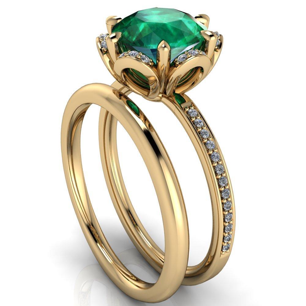 Daisy Round Emerald Floral Diamond Basket Design and Diamond Shoulders Ring-Custom-Made Jewelry-Fire & Brilliance ®