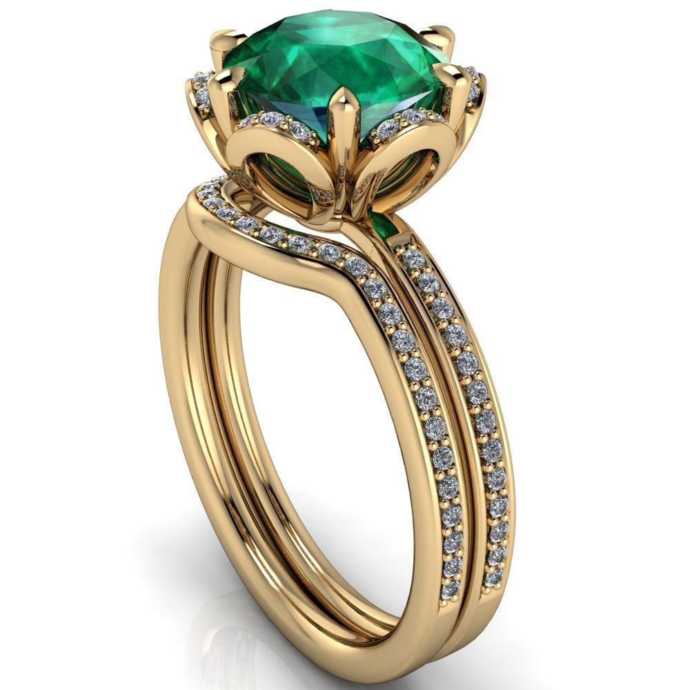 Daisy Round Emerald Floral Diamond Basket Design and Diamond Shoulders Ring-Custom-Made Jewelry-Fire & Brilliance ®