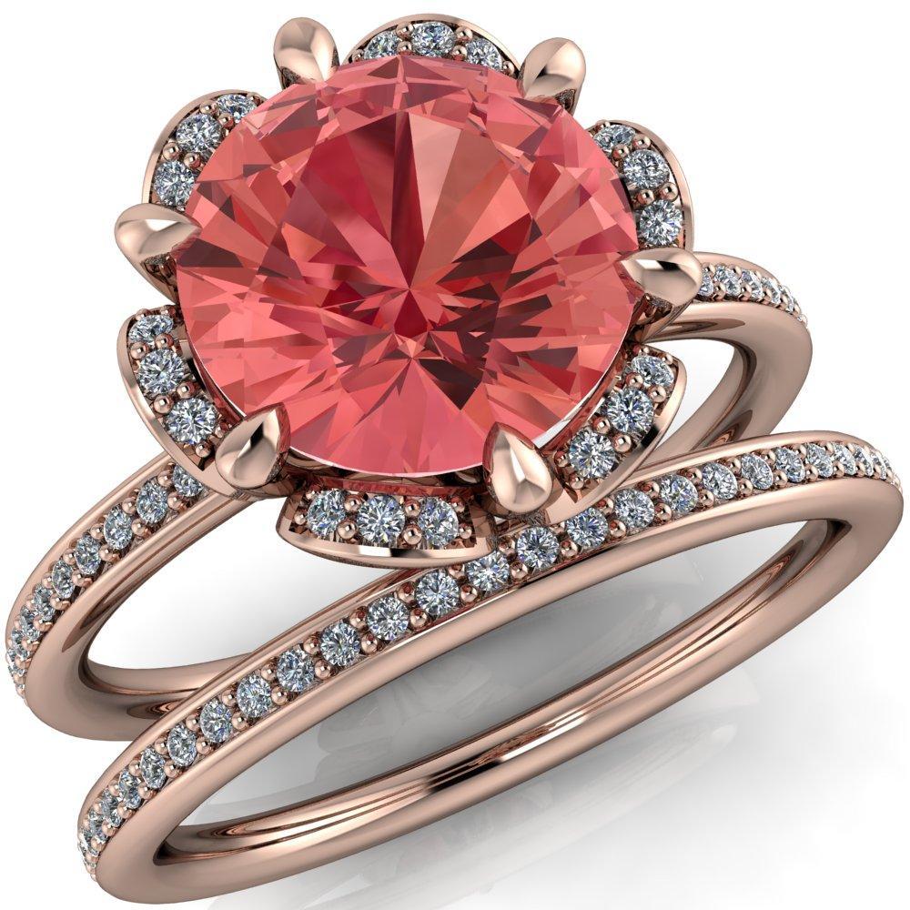 Daisy Round Padparadscha Sapphire Floral Diamond Basket Design and Diamond Shoulders Ring-Custom-Made Jewelry-Fire & Brilliance ®